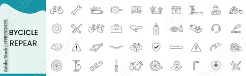 Bicycle repair icons set, including bike parts, maintenance tools, mechanic service, and cycling equipment, thin line style vector illustration
