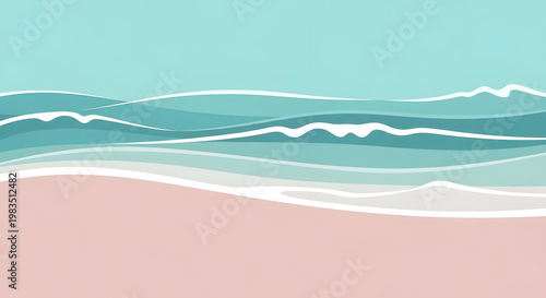 Minimalist flat vector illustration of a peaceful beach scene with stylized pastel ocean waves and pink sand.