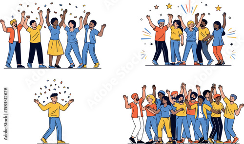 Happy diverse people celebrating success with confetti cheering dancing together joyful teamwork party cartoon vector illustration collection