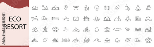 Eco resort line icons collection of thin outline symbols for nature, travel, environment, camping, hiking, wellness, and sustainable living