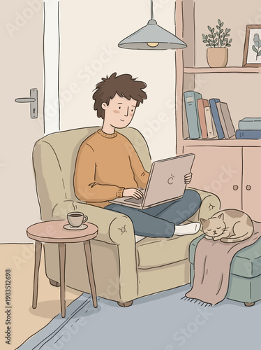 A Cozy Remote Work Illustration with a relaxed individual working on a laptop, presented in a naive, hand-drawn design style, reflecting comfort and modern productivity at home
