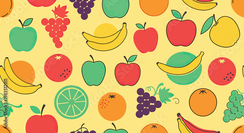 A cheerful, repeating pattern of colorful fruits on a pale yellow background