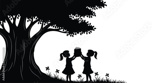 A black silhouette depicts two young girls reading a book together under a tree