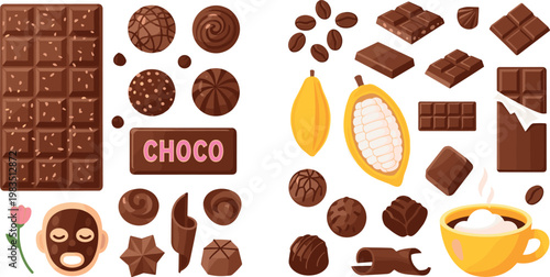 Chocolate elements vector collection with cocoa pod beans bars truffles and hot chocolate cup in colorful dessert illustration style
