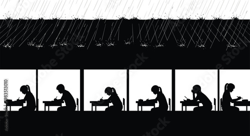 Silhouetted figures of children are seen studying at desks inside a brightly lit classroom