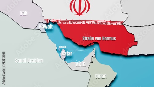 Map of Iran with Iranian flag overlay and the Strait of Hormuz (in German 