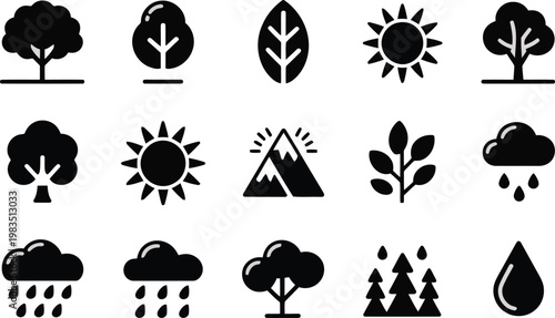 Black silhouette icons trees weather and natural elements collection