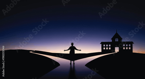 A silhouetted figure stands with open arms before a building and winding path at dusk