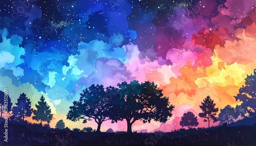 Vibrant watercolor sky over silhouetted trees at dusk clouds colorful.