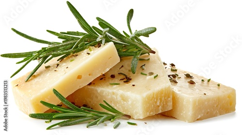 Three cheese wedges with rosemary sprigs, herbs on top, isolated on white