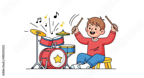Funny cartoon illustration of a smiling little boy drawing, playing with a guitar, and holding a toy airplane character in a fun childhood vector drawing