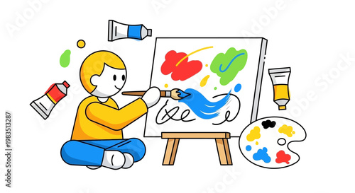 A smiling school boy and happy student artist painting a vector illustration for a children's book using brushes, pencils, and drawing tools for childhood education