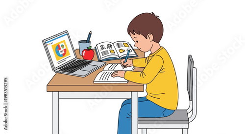 A young woman working on a laptop at her office desk in a flat vector cartoon illustration style showing a professional employee at work