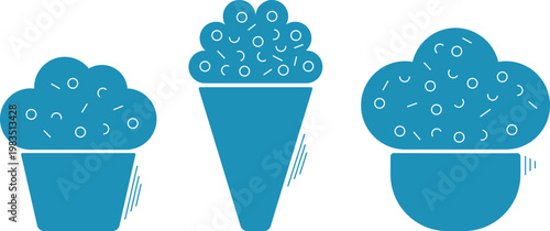 Ice cream in waffle cones with milk cream, candy balls, powdered sugar and chocolate crumbs. Sweet and cold ice cream, simple vector icons. Sweet food