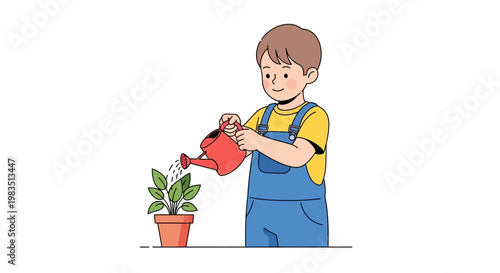 A smiling young blond woman and a happy child are gardening together in the nature of their garden, holding a watering can to provide care and growth for a beautiful potted houseplant and flowers