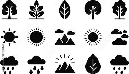 Black glyph icons set trees leaves sun clouds mountains and rain