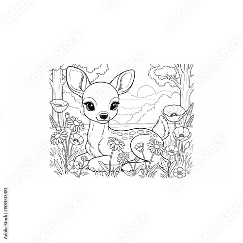 Cute fawn resting in grass and flowers line art