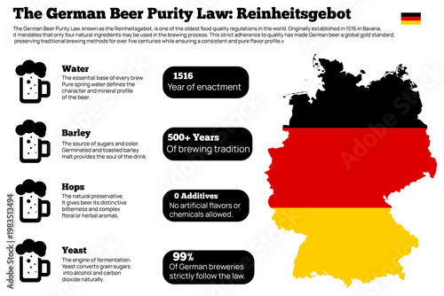 A comprehensive infographic about beer, featuring glass types, brewing ingredients