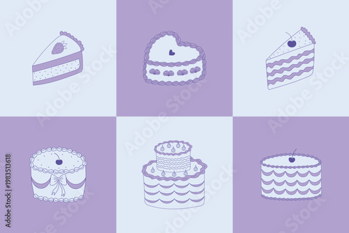 Hand-drawn cakes in a purple color scheme. A collection of vector sweet desserts in a flirty style.