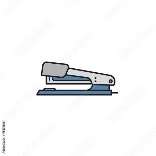 Modern office stapler with gray body and blue base for document binding
