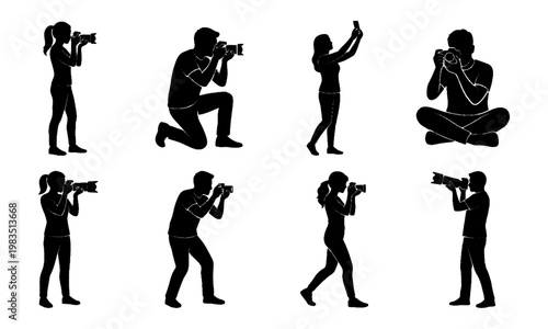 Silhouette collection of professional photographers and hobbyists capturing photos in various poses including kneeling standing sitting and taking selfies isolated on white background
