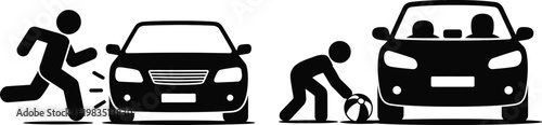 Illustration of stick figures in dangerous situations with cars on a white background.