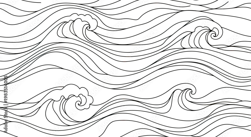 Fototapeta premium Black and white stylized ocean waves, flowing and curling
