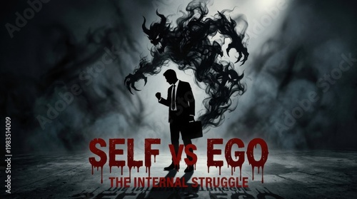 Self vs Ego Conceptual Illustration with Dark Smoke Monster