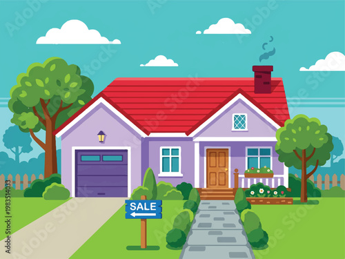 Cartoon house with red roof and sale sign in front yard suburban scene with trees and fence