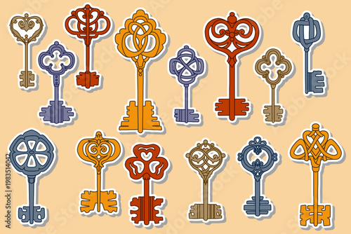 Image of wine keys. Sticker set. Vector
