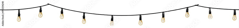 Fototapeta premium String of warm, glowing bulbs on a black wire, gently curved against a white background