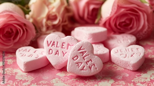 Pink roses and Valentine's Day heart candies on a floral pattern backdrop, close-up shot