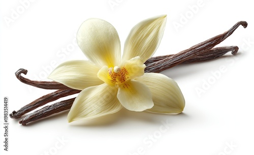 A close-up of a vanilla flower with dark brown pods against a stark white backdrop