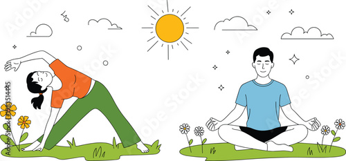 Young man and woman practicing yoga and meditation outdoors in nature under the sun in monoline flat vector style