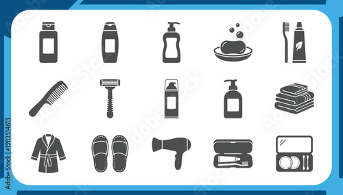 Large Collection of Personal Care Icons Featuring Bathroom Toiletries, Skin Care Products, Hygiene Essentials, Hotel Amenities and Beauty Graphic Elements Vector Set