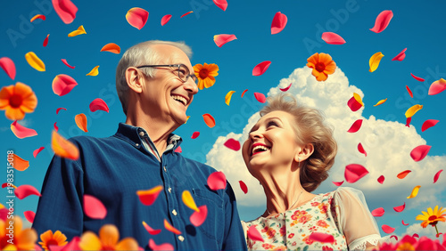Happy elderly married couple laughing merrily on the background of bright summer flowers and clouds