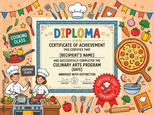 Culinary arts diploma certificate with chef illustrations and kitchen utensils and food  cooking class award template