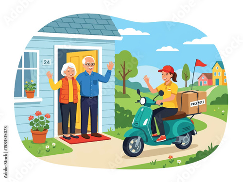 Delivery person on scooter waving to senior couple at house doorstep on sunny day