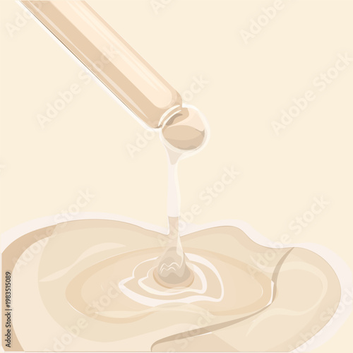 Glass dropper dispensing a thick, beige liquid serum or facial oil into a swirling puddle. Perfect for minimalist beauty branding, skincare routine guides, and luxury cosmetic marketing.