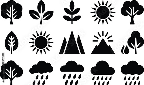 Black silhouette icons trees sun mountains clouds and weather