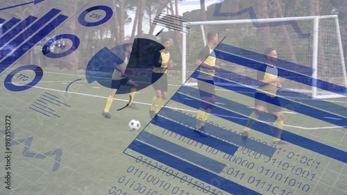 Five players moving to goal, ball rolling and adjusting during sports drill, blue charts over pitch