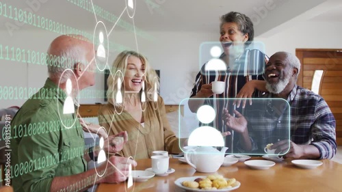 Friends sharing tea at table, gestures sparking digital net mapping profiles, bonding via tech