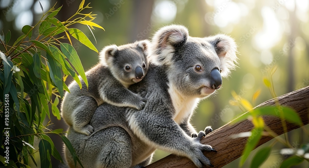 Obraz premium Koala mother carrying joey on back, australian wildlife in eucalyptus forest, cute marsupial family in sunny nature