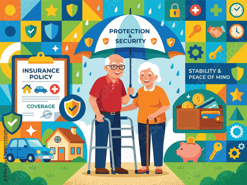 Elderly couple under umbrella with insurance policy and security symbols around them for protection and stability