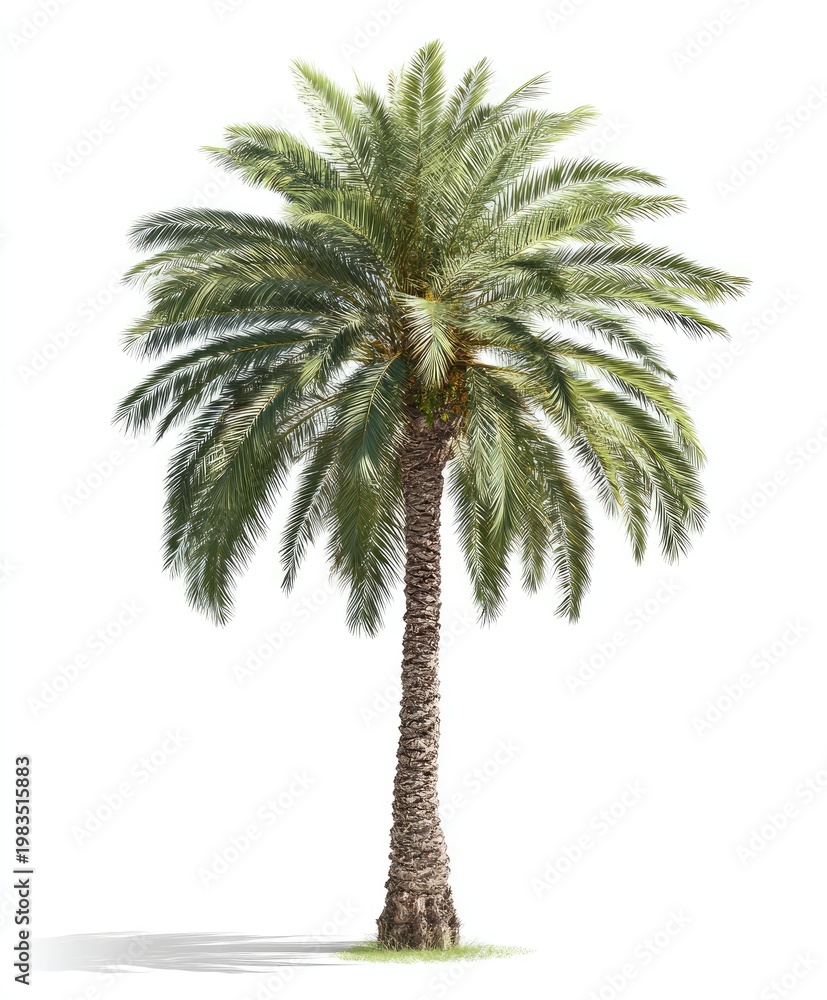 Obraz premium Isolated tall date palm tree, green fronds, textured trunk, soft shadow on white background