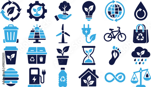 Assorted eco friendly and sustainability icons for environment and renewable energy themes.