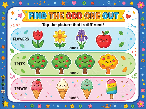 Find the odd one out game for kids with flowers trees and treats  colorful educational activity