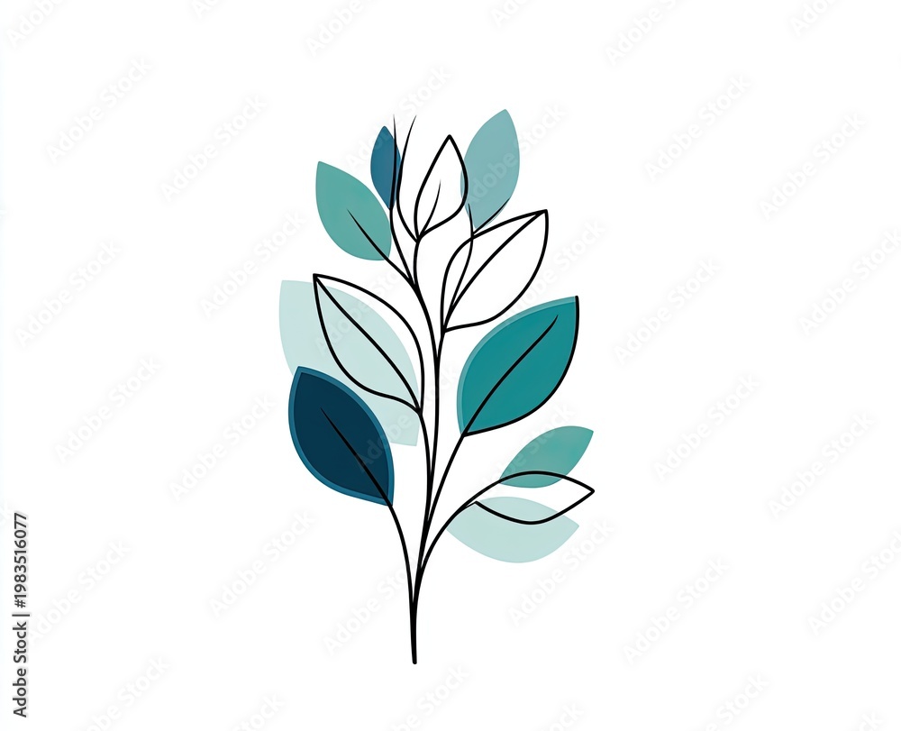 Obraz premium Simple line drawing of a leafy plant stem with shades of blue and teal leaves