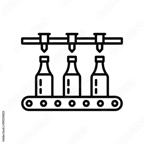Linear illustration of a beverage bottling process on a conveyor belt