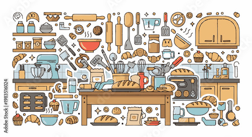 Baking Kitchen Scene With Various Baking Utensils And Ingredients.